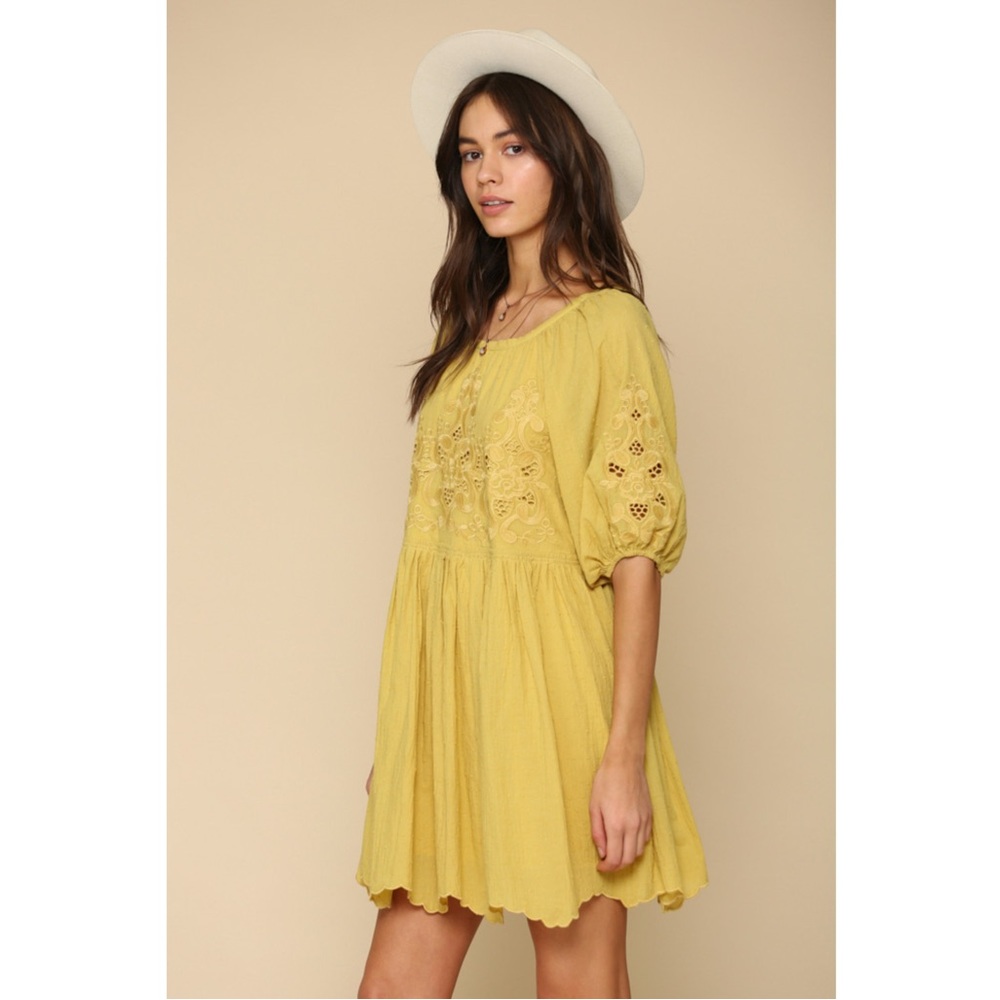 Boho Embroidered Yellow Peasant Dress - Picture 5 of 7